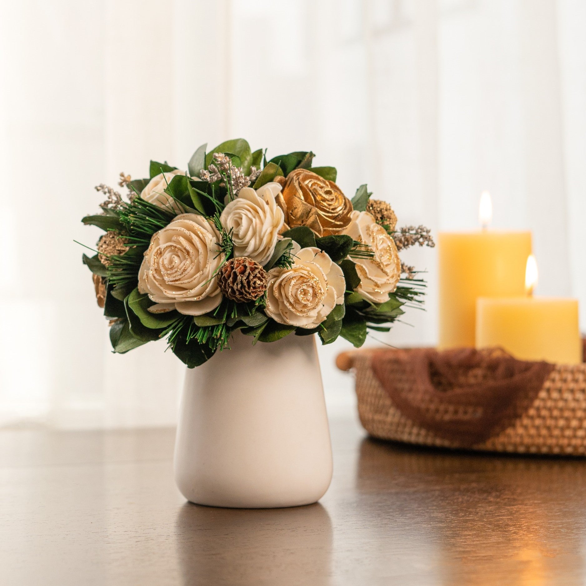 Beige & Gold Table Decor in Ceramic Jar | Beige & Gold Shola Roses | Dried Flower Arrangements for Centerpeice Decor