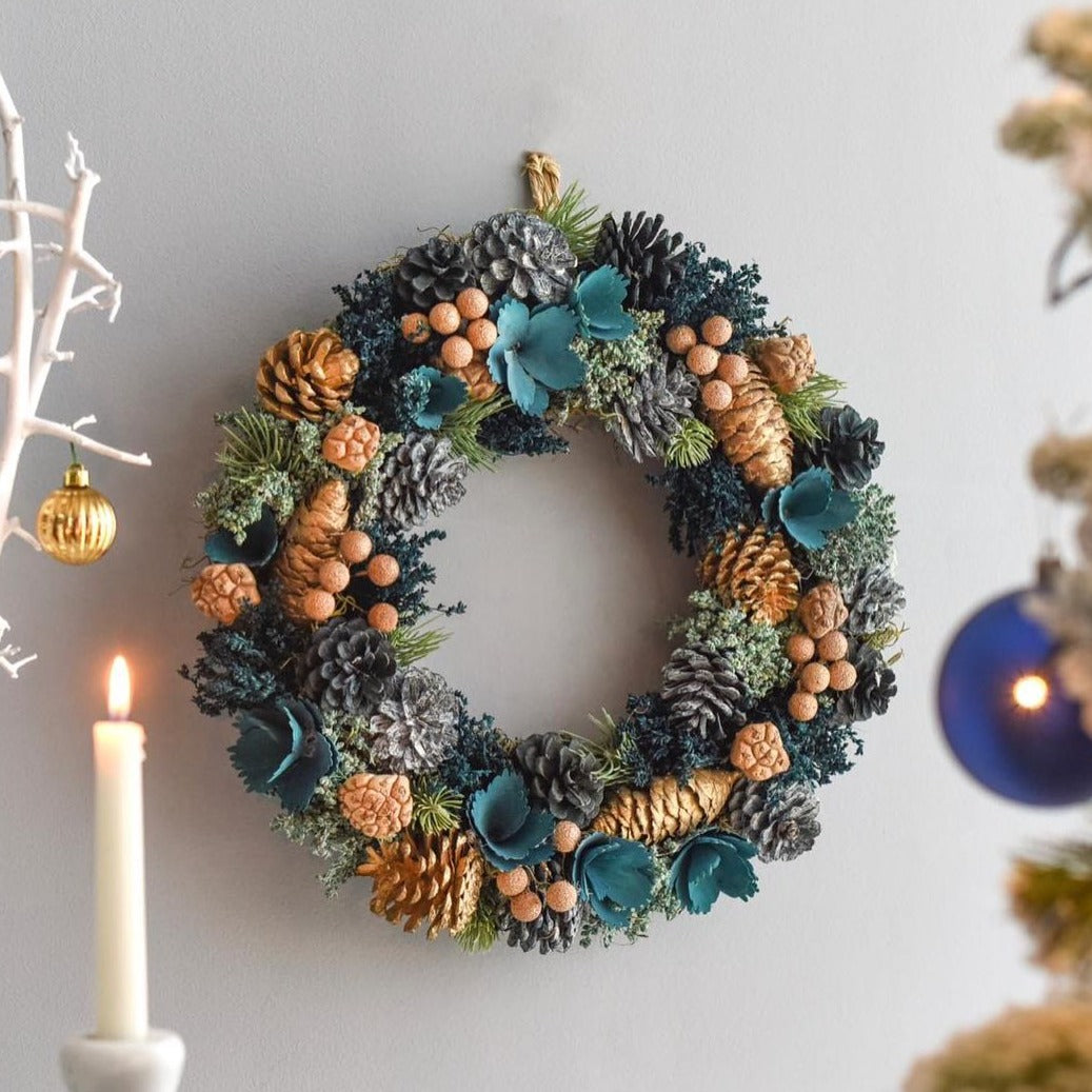 Gold Pinecone Wreath | Dried Flower Arrangements with Handmade Golden Pinecone Wreath for Christmas Decor